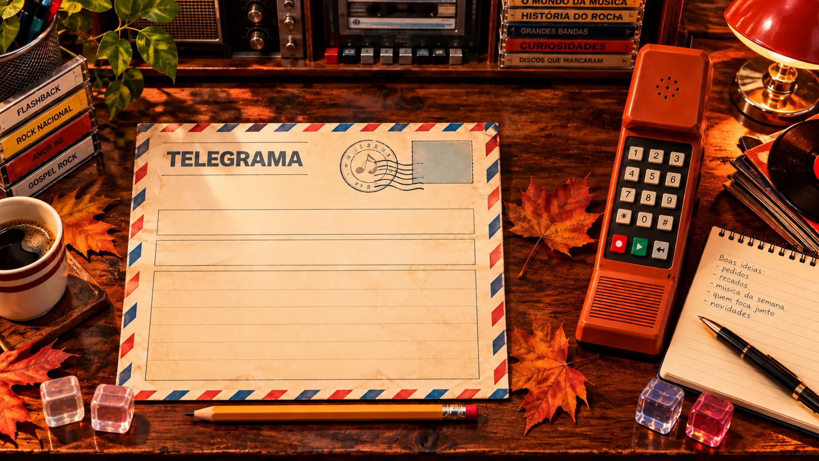Mesa retrô da Cidade mais Web com telegrama à esquerda e telefone laranja à direita.